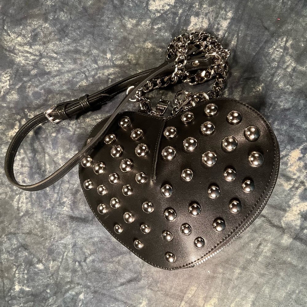 Steve Madden black shoulder strap heart shape purse with studs. - Picture 2 of 8